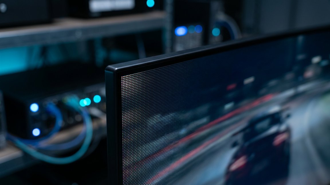Macro de un panel de TV con una escena de conducción en movimiento