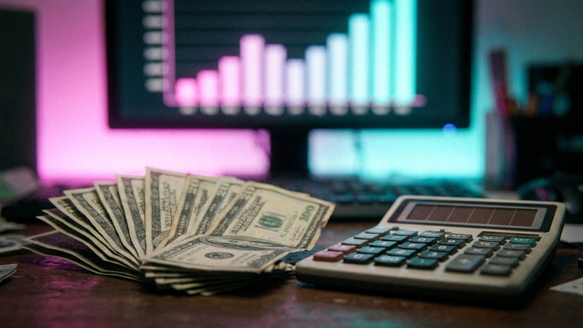 Billetes y calculadora bajo luz de neón con un gráfico al fondo