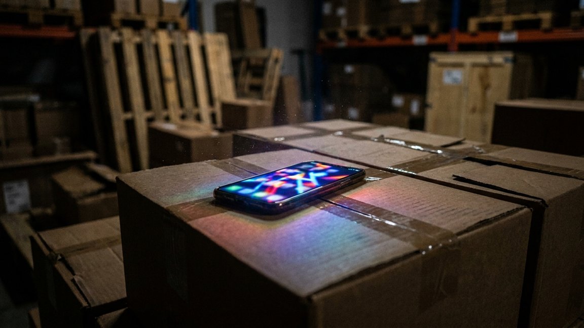 Móvil brillando sobre cajas de envío en un almacén a oscuras