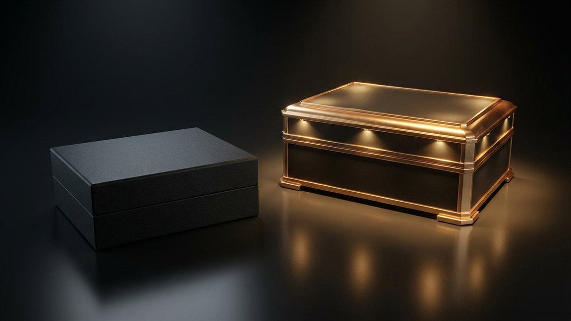 Dos cajas premium comparadas, una estándar y otra dorada