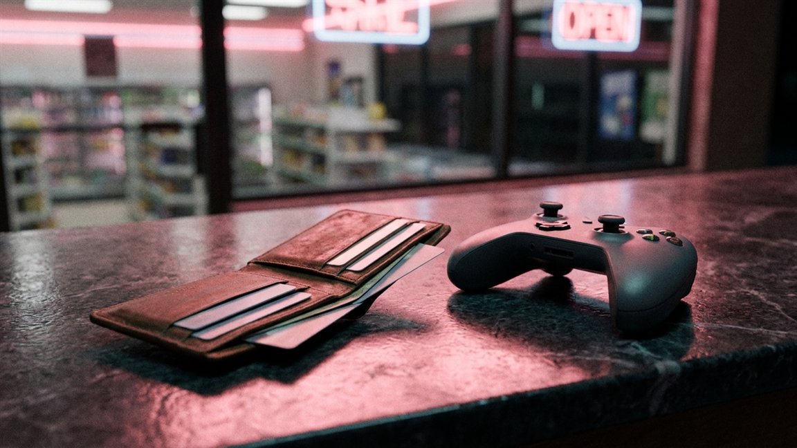 Cartera con tarjetas junto a un mando bajo luz de neón rosa