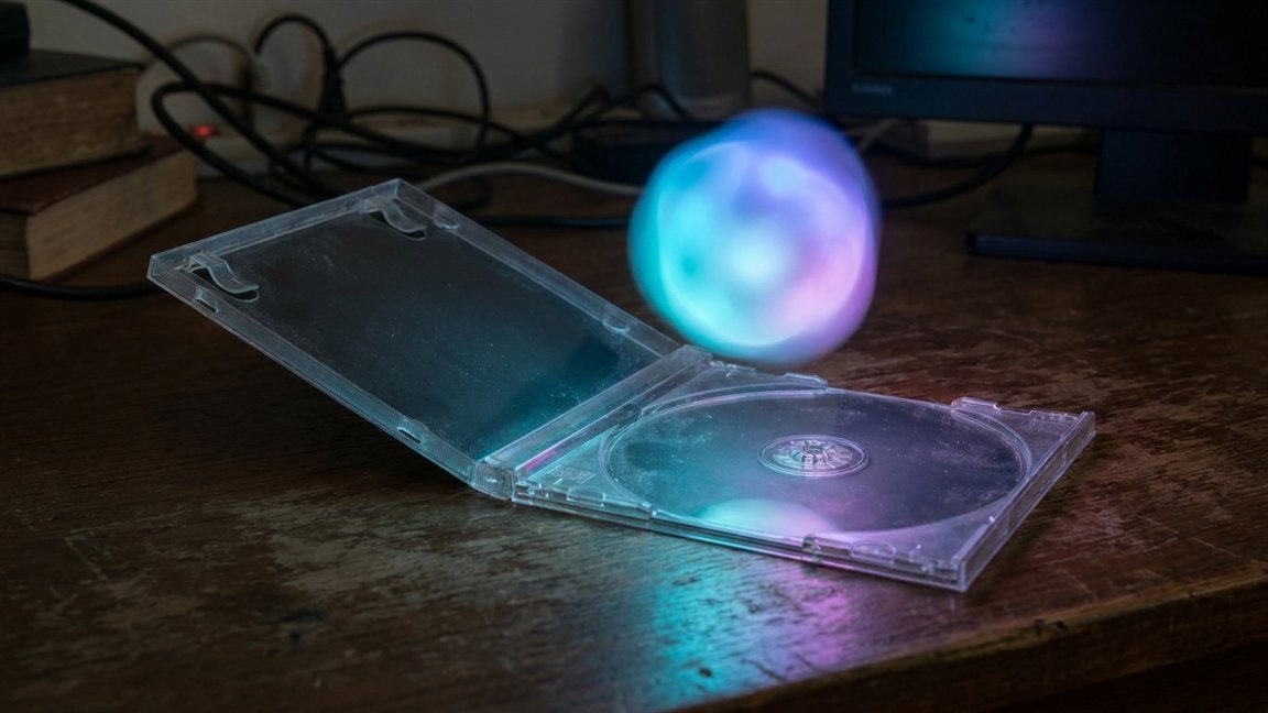 Caja de juego abierta y vacía con una nube de luz digital