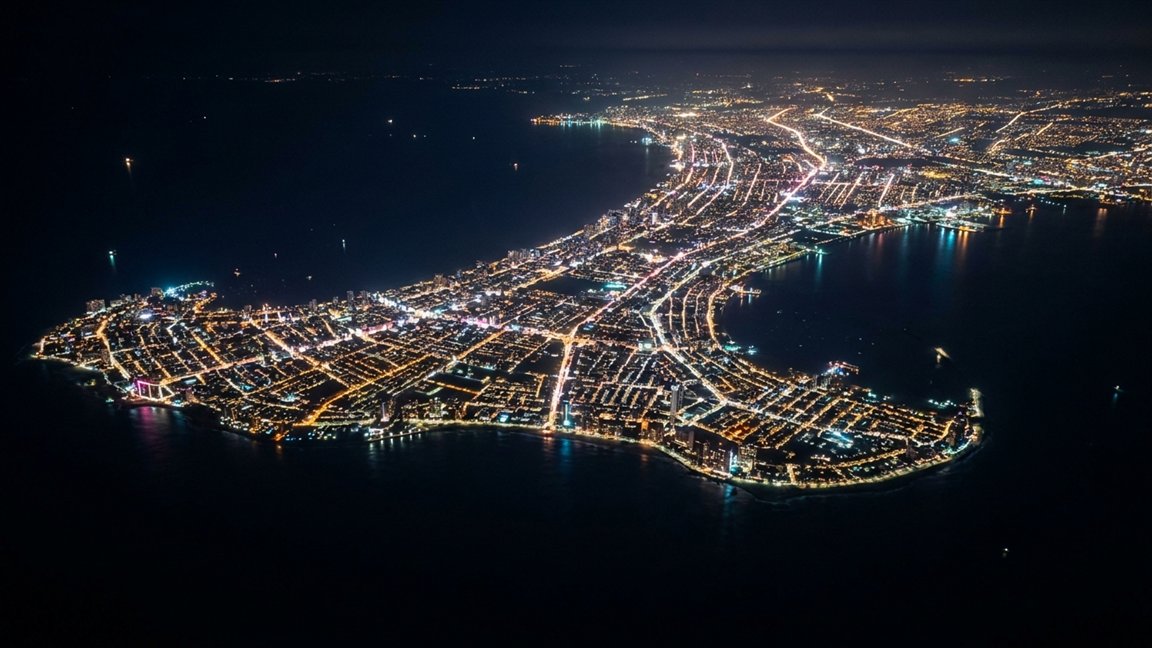 Vista aérea nocturna de una ciudad costera iluminada