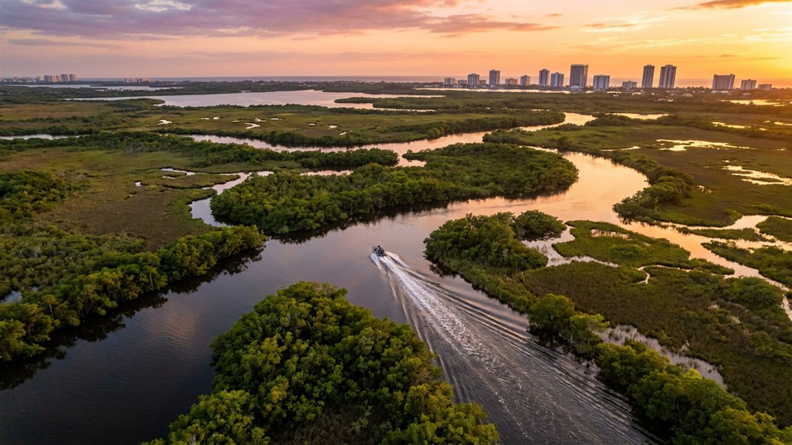 Humedales al atardecer con una ciudad costera al fondo